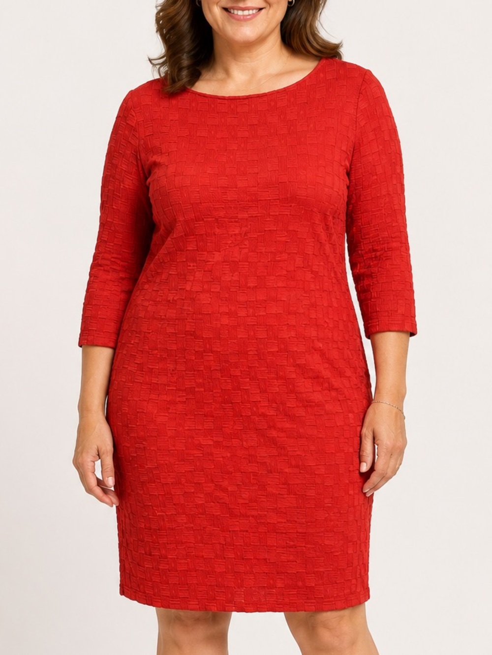 Sharagano Red Textured Shift Dress Pockets 3/4 Sleeve Size 14